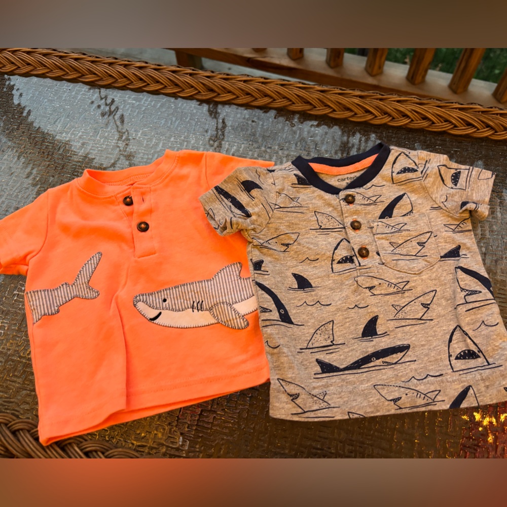 Carter's Orange Shark Applique & Gray Shark Print Short Sleeve Tees